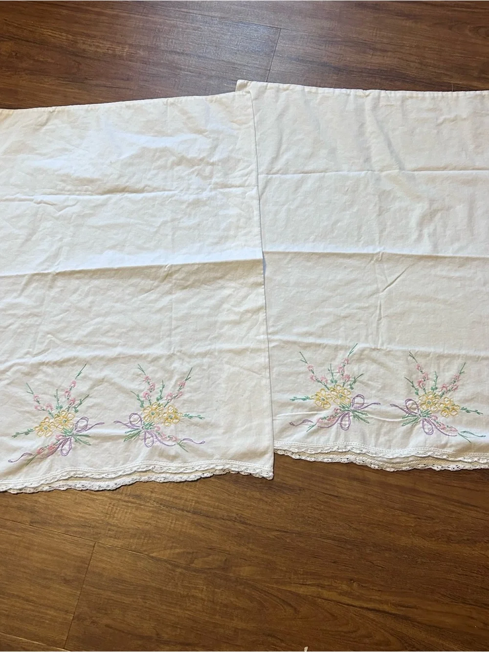 Vintage White Pillowcases with Pastel Floral Embroidery